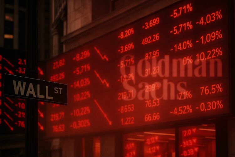 Pantallas rojas de cotizaciones en Wall Street con el logo difuminado de Goldman Sachs al fondo