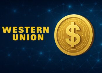 Logotipo de Western Union y moneda digital dorada con símbolo del dólar sobre fondo de red blockchain azul