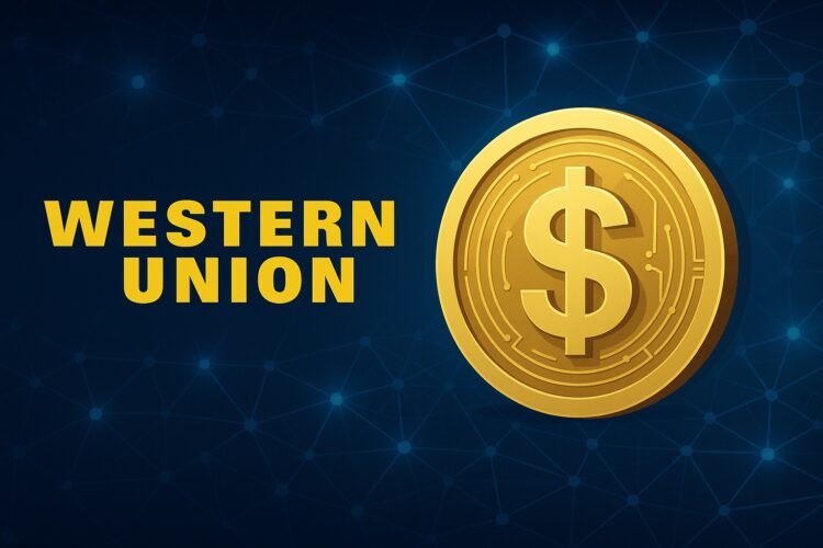 Logotipo de Western Union y moneda digital dorada con símbolo del dólar sobre fondo de red blockchain azul