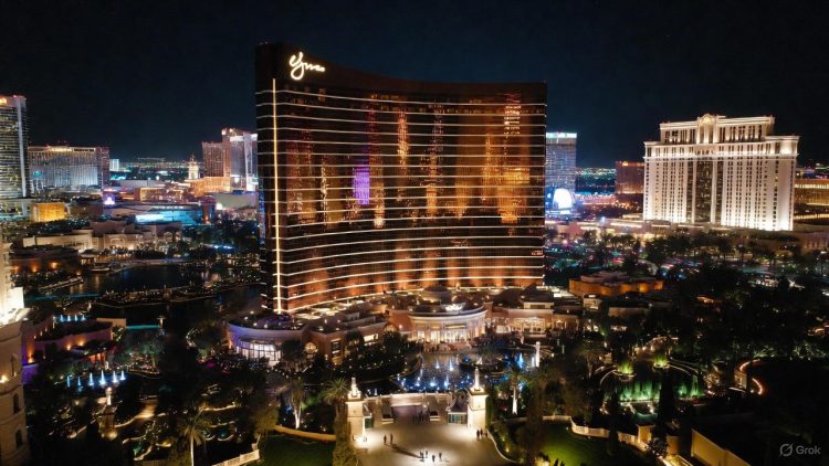 Torre curva del Wynn Las Vegas de noche con luces doradas cálidas, fuentes activas y huéspedes llegando por jardines, fondo del Strip visible