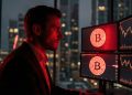 Un inversor de perfil en una oficina oscura, iluminado por la luz roja intensa de múltiples monitores que muestran el logo de Bitcoin y gráficos financieros en marcado descenso.