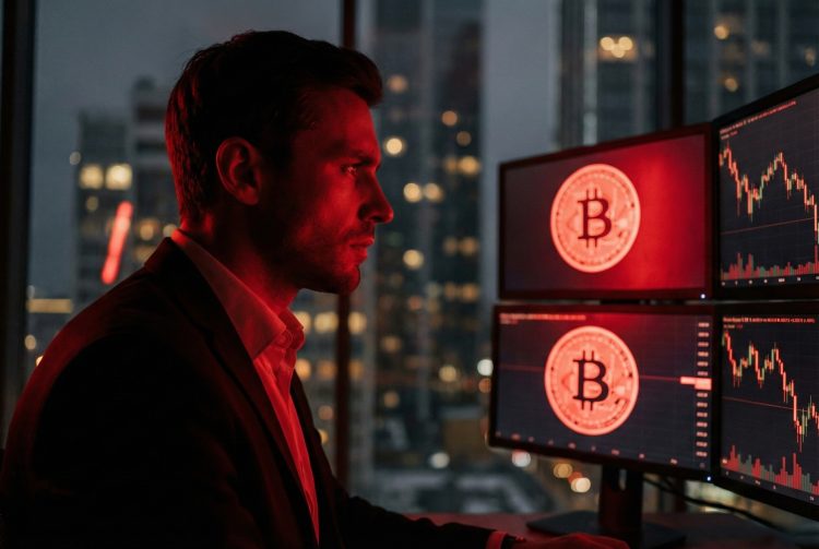 Un inversor de perfil en una oficina oscura, iluminado por la luz roja intensa de múltiples monitores que muestran el logo de Bitcoin y gráficos financieros en marcado descenso.
