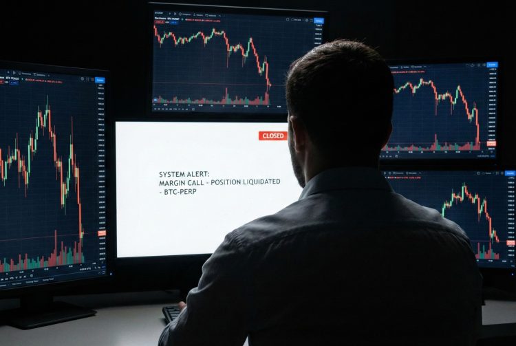 Operador de espaldas mira una pantalla con la alerta "MARGIN CALL - POSITION LIQUIDATED" entre gráficos volátiles.