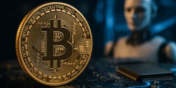 Bitcoin sobre placa electrónica con figura robótica de fondo, simbolizando IA y cripto.