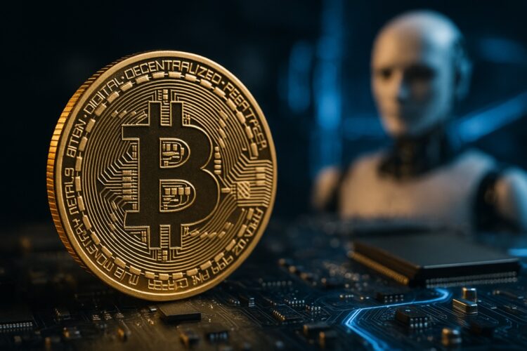 Bitcoin sobre placa electrónica con figura robótica de fondo, simbolizando IA y cripto.