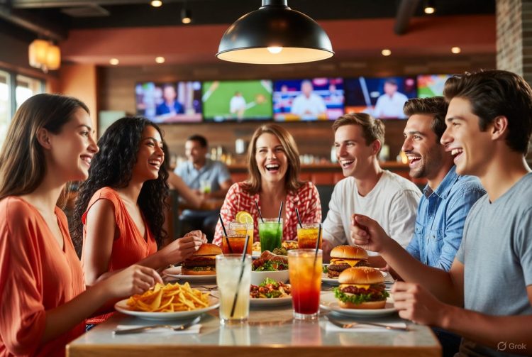 Grupo de amigos veinteañeros riendo en mesa de Chili’s durante hora pico, con platos de hamburguesas y nachos, bebidas coloridas y pantallas deportivas al fondo bajo luz cálida de lámparas colgantes