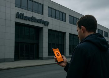 Transeúnte revisa precio de Bitcoin frente a sede corporativa de Stretegy en día nublado