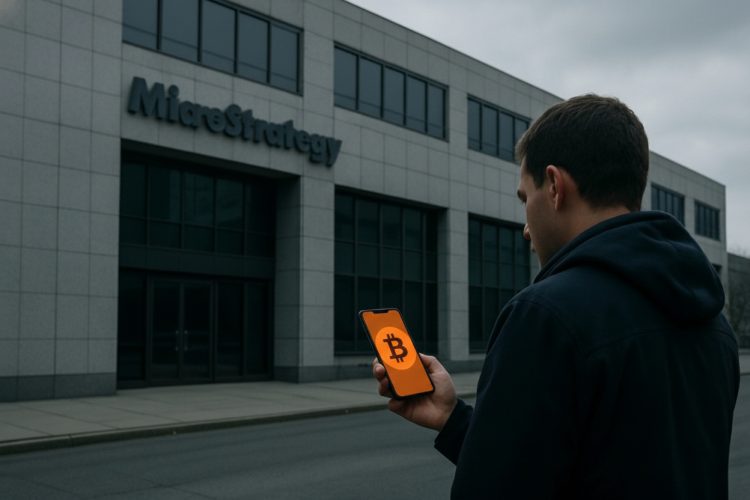 Transeúnte revisa precio de Bitcoin frente a sede corporativa de Stretegy en día nublado