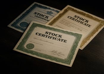 Certificados de acciones sobrevendidas en mesa oscura bajo luz dura con tensión de mercado.