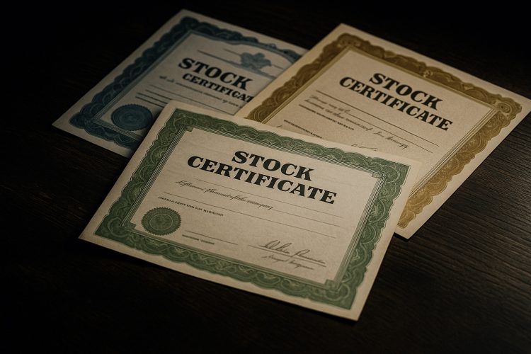 Certificados de acciones sobrevendidas en mesa oscura bajo luz dura con tensión de mercado.