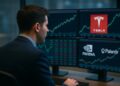Profesional analiza gráficos bursátiles con logos de Tesla, Nvidia y Palantir en pantallas de oficina