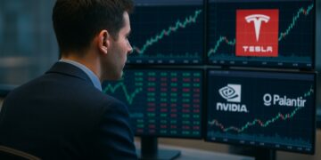 Profesional analiza gráficos bursátiles con logos de Tesla, Nvidia y Palantir en pantallas de oficina