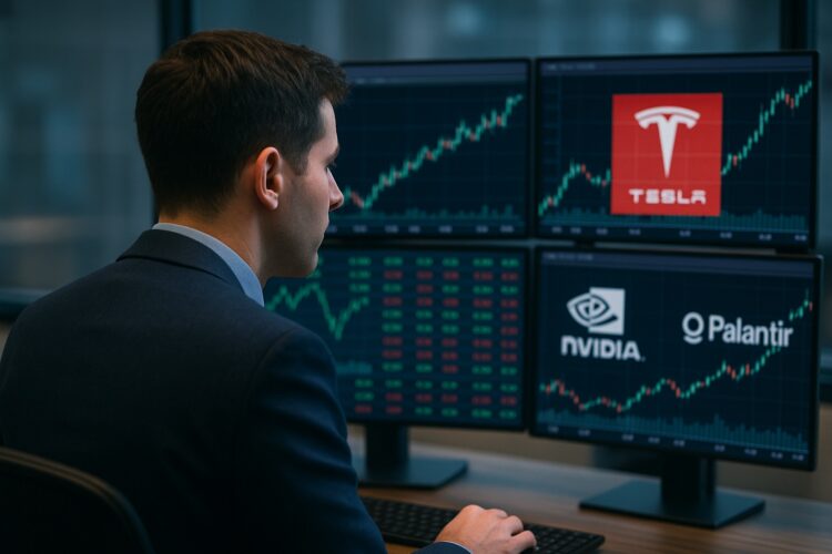 Profesional analiza gráficos bursátiles con logos de Tesla, Nvidia y Palantir en pantallas de oficina