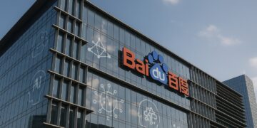 Fachada de vidrio del edificio de Baidu con logo visible y reflejos de íconos de IA en Beijing
