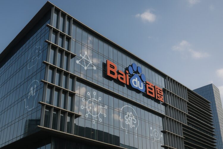 Fachada de vidrio del edificio de Baidu con logo visible y reflejos de íconos de IA en Beijing