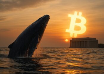 Ballena emergiendo del mar al amanecer con el símbolo de Bitcoin brillando sobre el horizonte.