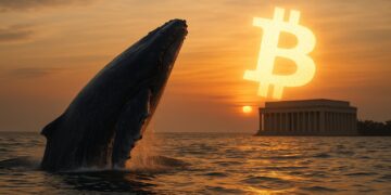 Ballena emergiendo del mar al amanecer con el símbolo de Bitcoin brillando sobre el horizonte.