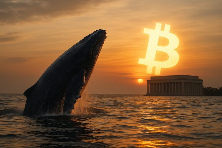 Ballena emergiendo del mar al amanecer con el símbolo de Bitcoin brillando sobre el horizonte.