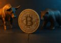 Toro y oso enfrentados con un Bitcoin al centro, simbolizando mercado alcista o bajista.