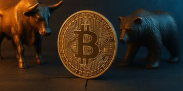 Toro y oso enfrentados con un Bitcoin al centro, simbolizando mercado alcista o bajista.