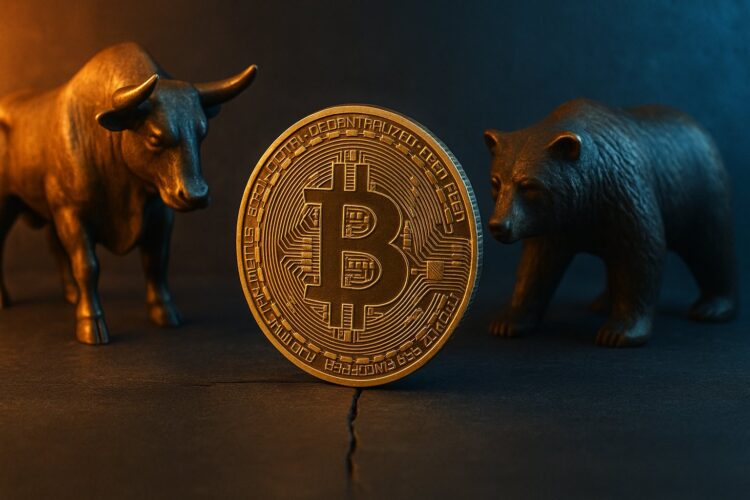 Toro y oso enfrentados con un Bitcoin al centro, simbolizando mercado alcista o bajista.