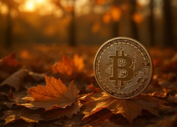 Bitcoin grande entre hojas secas de otoño tras advertencia de Morgan Stanley sobre el mercado.