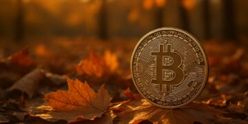Bitcoin grande entre hojas secas de otoño tras advertencia de Morgan Stanley sobre el mercado.