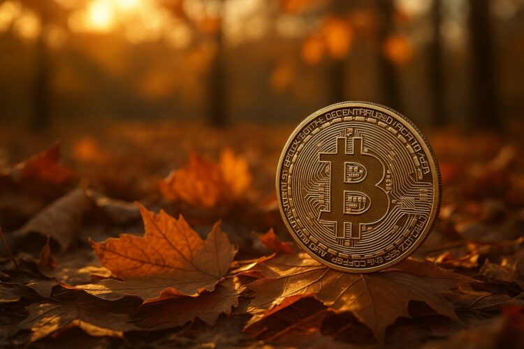 Bitcoin grande entre hojas secas de otoño tras advertencia de Morgan Stanley sobre el mercado.