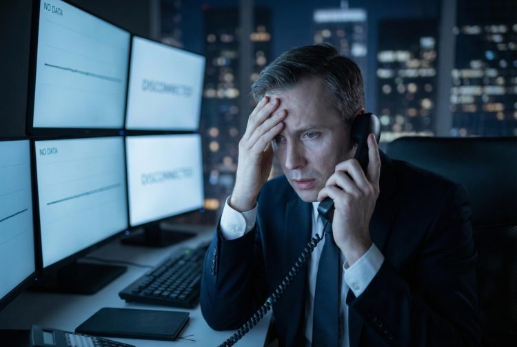 Un hombre estresado en traje en una oficina oscura por la noche, sosteniendo un teléfono y tocándose la frente. Detrás de él, varios monitores muestran los mensajes "NO DATA" y "DISCONNECTED".