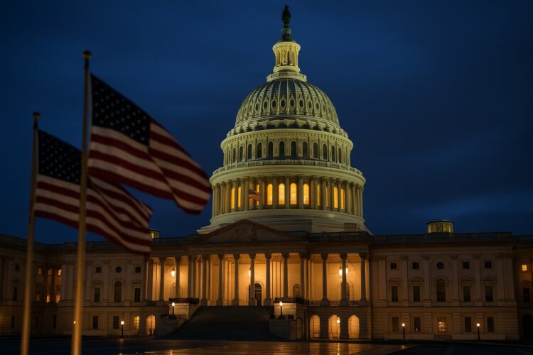 Vista nocturna del Capitolio estadounidense con luces encendidas terminando el cierre de gobierno y banderas ondeando en primer plano