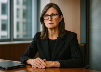 Cathie Wood en oficina corporativa con luz natural tras invertir en una acción en caída.