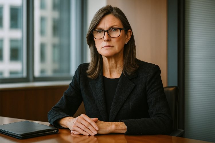 Cathie Wood en oficina corporativa con luz natural tras invertir en una acción en caída.