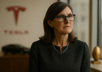 Cathie Wood en oficina moderna con luz natural tras vender acciones de Tesla y cambiar estrategia.