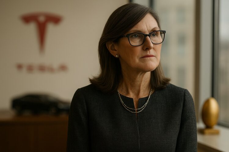 Cathie Wood en oficina moderna con luz natural tras vender acciones de Tesla y cambiar estrategia.