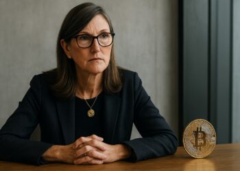 Cathie Wood junto a una moneda de Bitcoin visible, en tono reflexivo y entorno financiero sobrio.