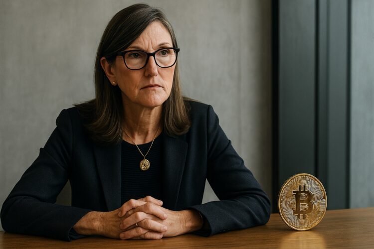 Cathie Wood junto a una moneda de Bitcoin visible, en tono reflexivo y entorno financiero sobrio.