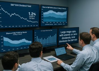 Equipo revisa pantallas con gráficos de dividendos, composición sectorial y peso tecnológico en el S&P 500