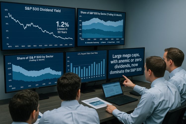 Equipo revisa pantallas con gráficos de dividendos, composición sectorial y peso tecnológico en el S&P 500