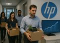 Empleados salen de oficinas de HP con cajas de mudanza mientras una pantalla muestra un gráfico ascendente de IA
