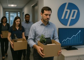 Empleados salen de oficinas de HP con cajas de mudanza mientras una pantalla muestra un gráfico ascendente de IA