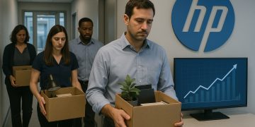 Empleados salen de oficinas de HP con cajas de mudanza mientras una pantalla muestra un gráfico ascendente de IA