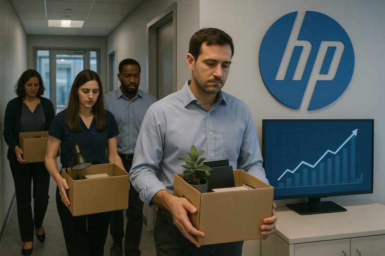 Empleados salen de oficinas de HP con cajas de mudanza mientras una pantalla muestra un gráfico ascendente de IA