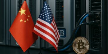 Entorno tecnológico con luces y reflejos que aluden sutilmente a China, EE. UU. y Bitcoin.