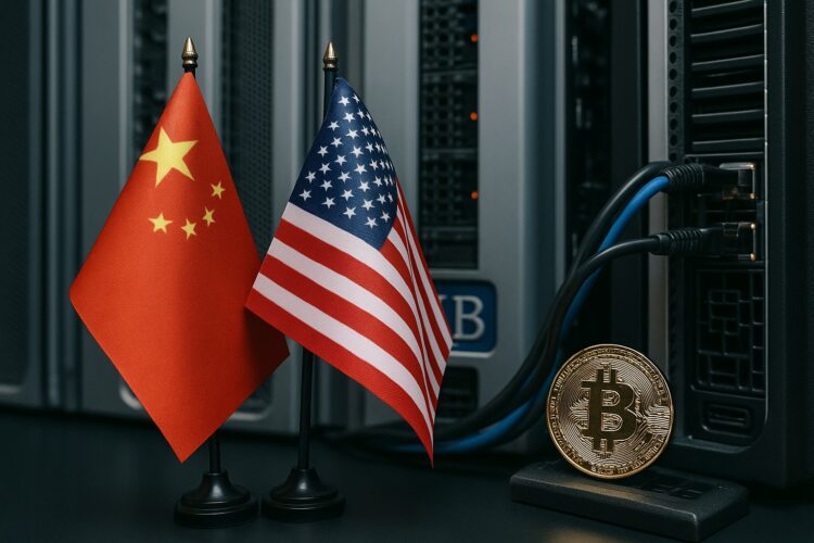 Entorno tecnológico con luces y reflejos que aluden sutilmente a China, EE. UU. y Bitcoin.