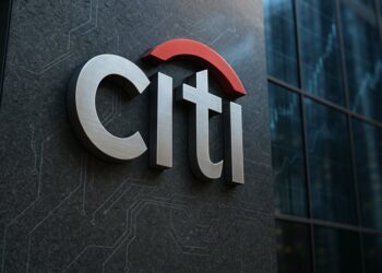Logo tridimensional de Citi en fachada corporativa con detalles de IA y reflejos bursátiles.