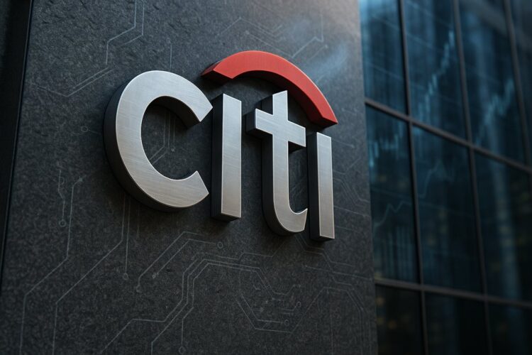 Logo tridimensional de Citi en fachada corporativa con detalles de IA y reflejos bursátiles.