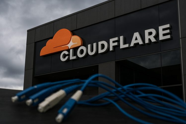 Logo de Cloudflare en edificio corporativo con cables de fibra desconectados en primer plano.