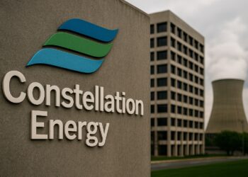 Logo de Constellation Energy en gran tamaño frente a planta nuclear y edificio corporativo.