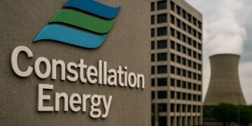 Logo de Constellation Energy en gran tamaño frente a planta nuclear y edificio corporativo.