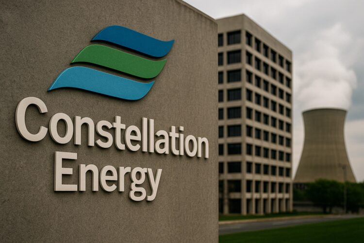 Logo de Constellation Energy en gran tamaño frente a planta nuclear y edificio corporativo.
